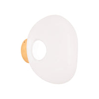 Tom Dixon Melt Mini Surface Light, opal with gold hardware, angled illuminated 3000K view