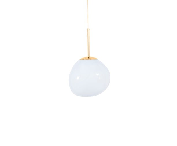 Tom Dixon Melt Mini Pendant in opal with gold hardware, switched off