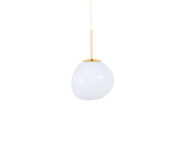 Tom Dixon Melt Mini Pendant in opal with gold hardware, switched off