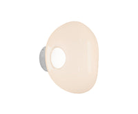 Tom Dixon Melt Mini Surface Light, opal with silver hardware, angled illuminated 2700K view