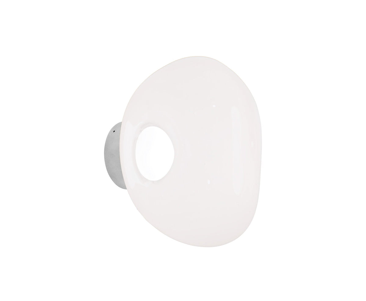 Tom Dixon Melt Mini Surface Light, opal with silver hardware, angled illuminated 3000K view