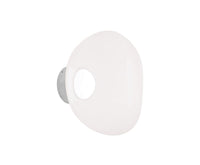 Tom Dixon Melt Mini Surface Light, opal with silver hardware, angled illuminated 3000K view