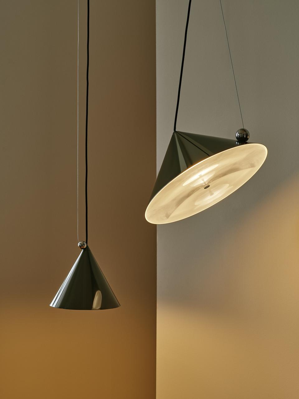 Tom Dixon Pose Pendants in High-Gloss Kelp, illuminated and unlit