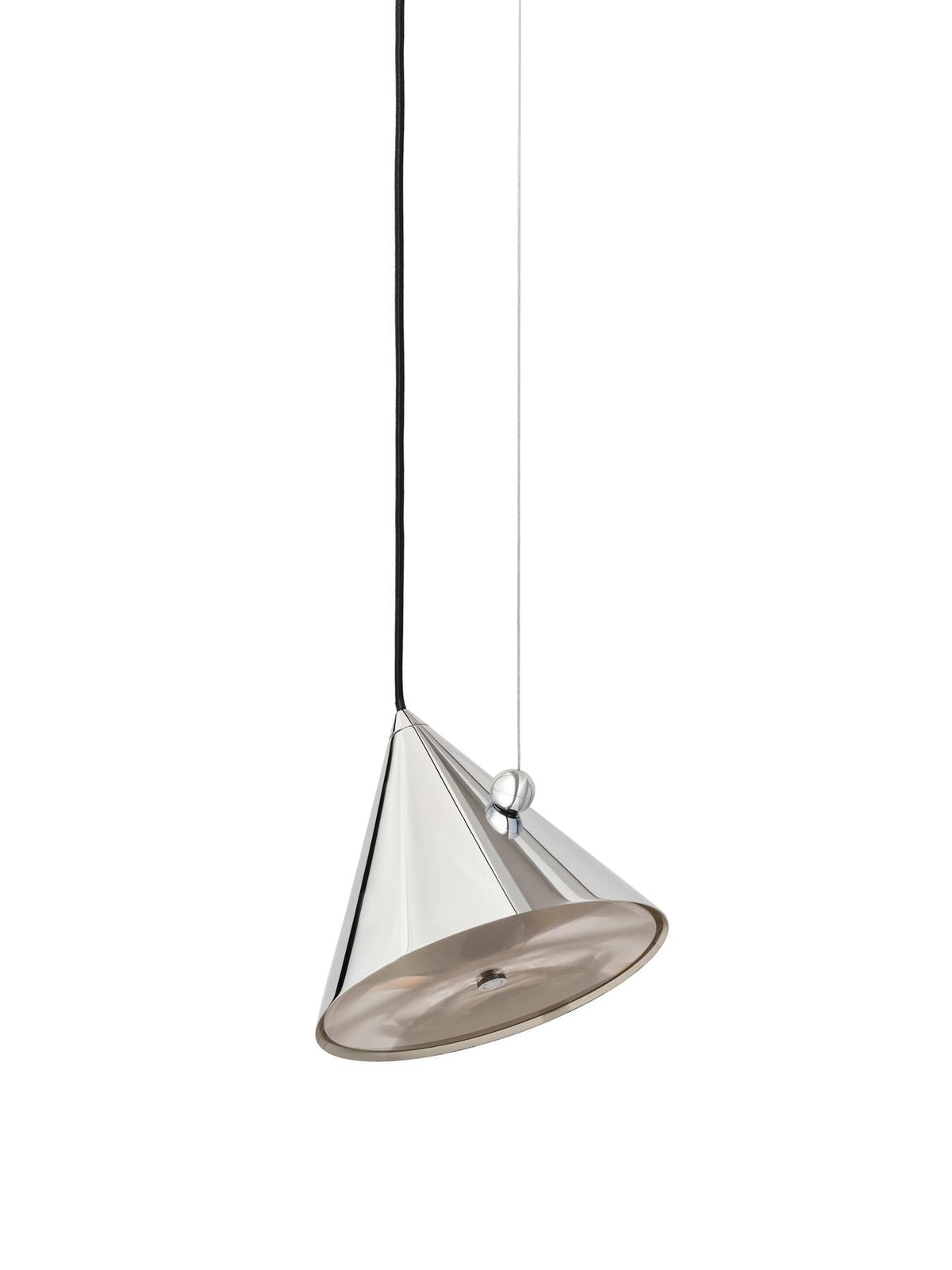 Tom Dixon Pose Small Pendant in Polished Silver, angled studio view