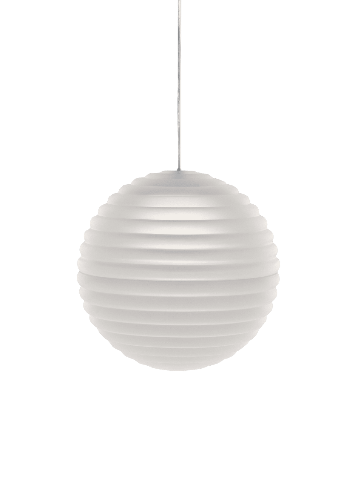 Tom Dixon Press Medium Sphere Pendant in frosted pressed glass, illuminated