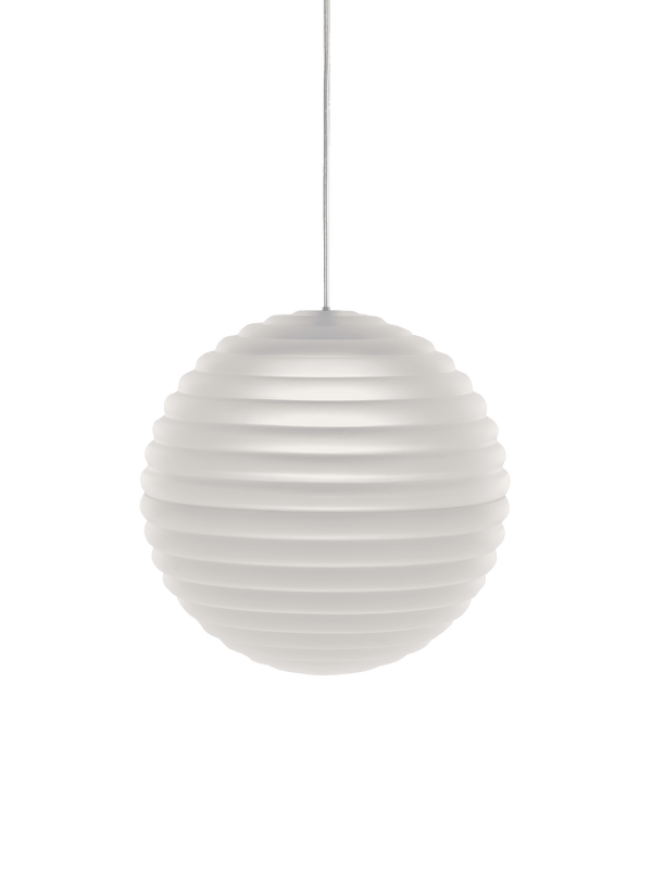 Tom Dixon Press Medium Sphere Pendant in frosted pressed glass, illuminated