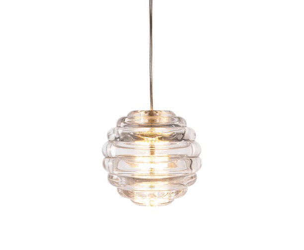 Tom Dixon Press Mini Sphere Pendant in clear pressed glass, illuminated