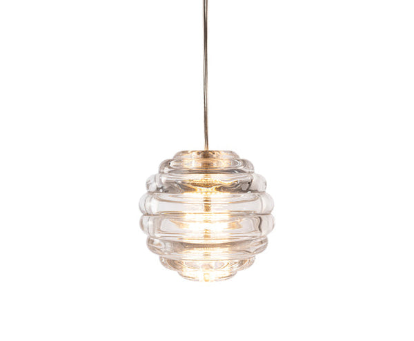 Tom Dixon Press Mini Sphere Pendant in clear pressed glass, illuminated