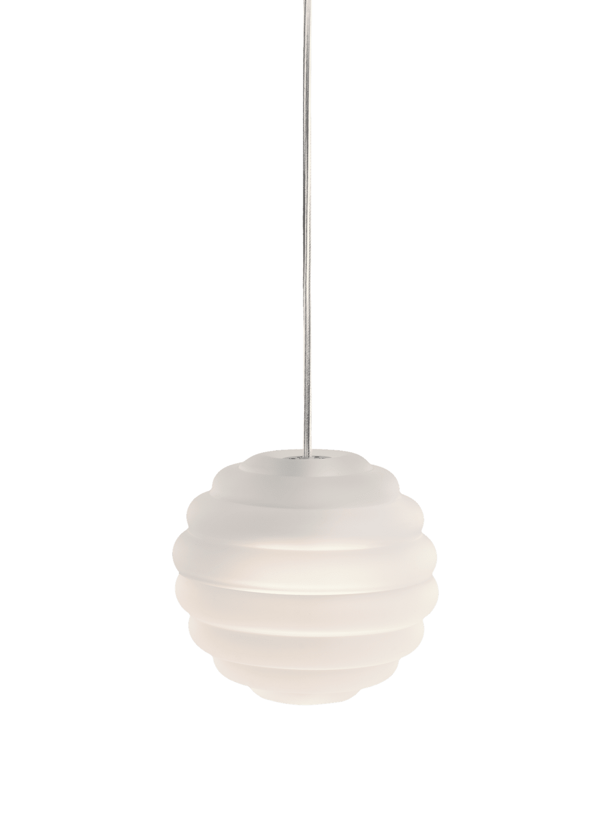 Tom Dixon Press Mini Sphere Pendant in frosted pressed glass, illuminated