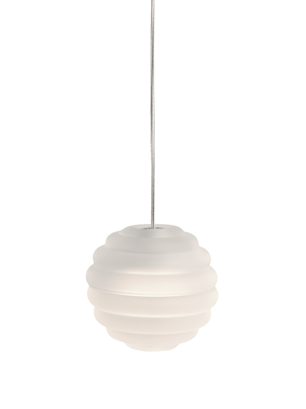 Tom Dixon Press Mini Sphere Pendant in frosted pressed glass, illuminated