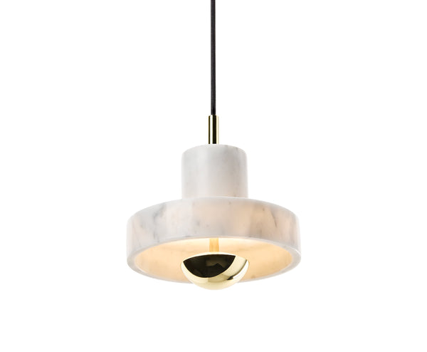 Tom Dixon Stone Small Pendant in gold and white marble, angled and illuminated