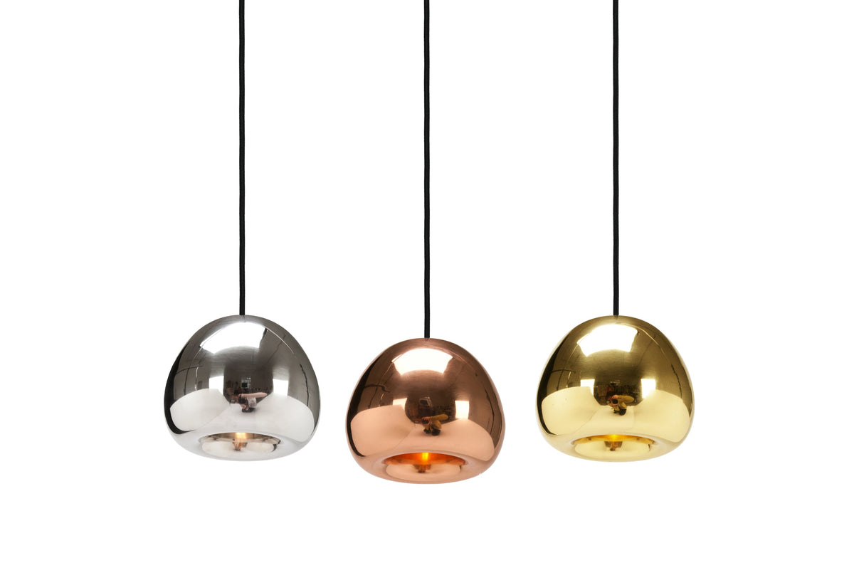 Tom Dixon Void Mini pendant family in steel, copper, and brass finishes