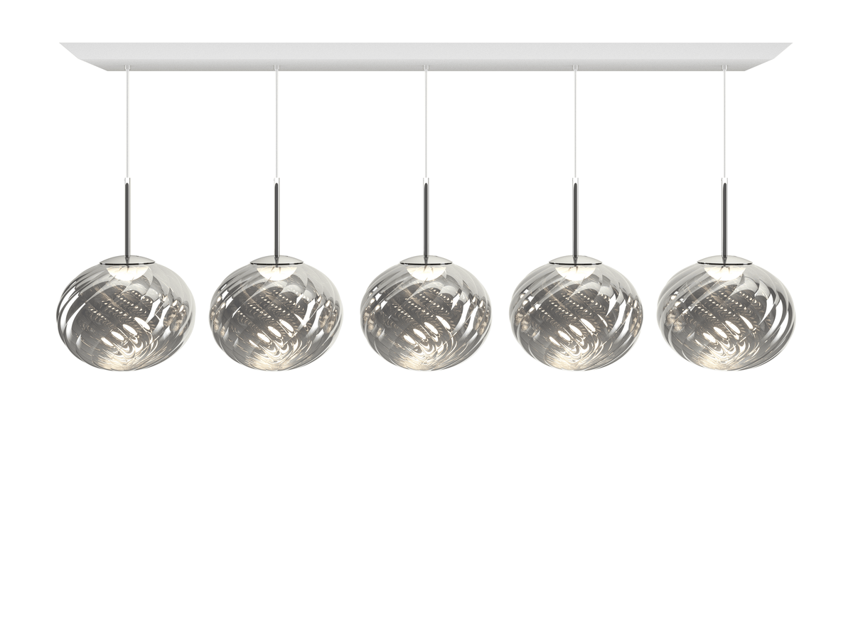Tom Dixon Whirl Linear Pendant System in silver, illuminated