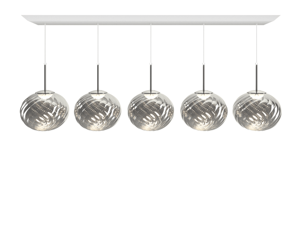 Tom Dixon Whirl Linear Pendant System in silver, illuminated