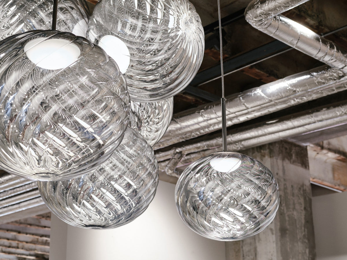 Tom Dixon Whirl silver pendant installation close-up