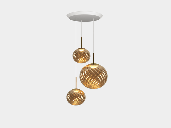Tom Dixon Whirl Trio-Round Pendant System in gold, illuminated