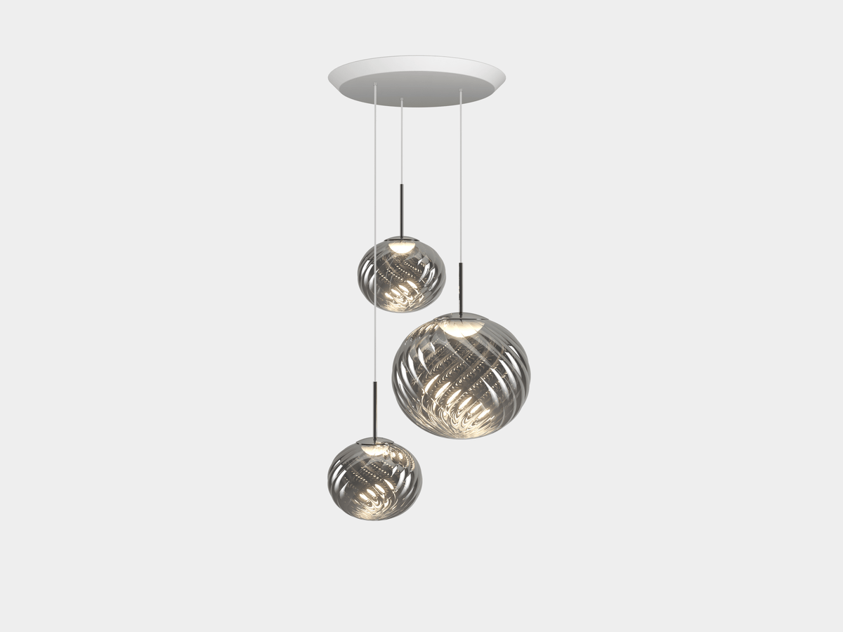 Tom Dixon Whirl Trio-Round Pendant System in silver, illuminated