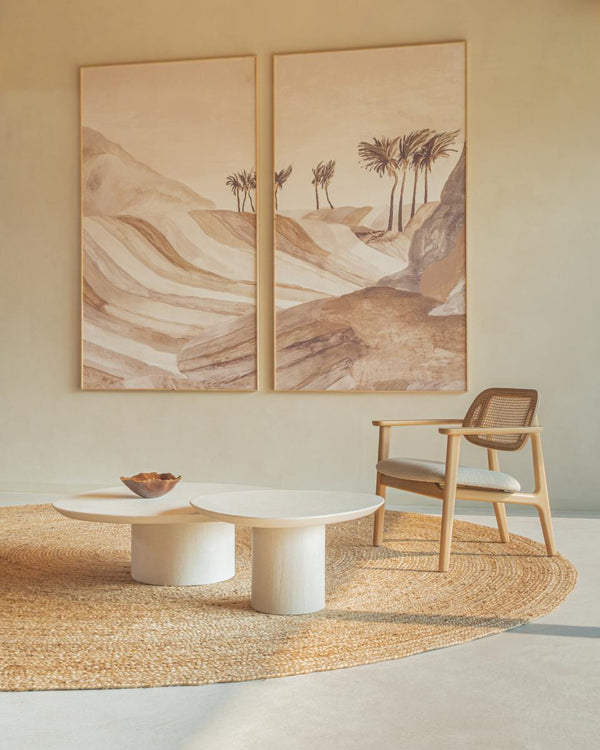 Ari mineral plaster coffee tables in a living room with Titus lounge chair